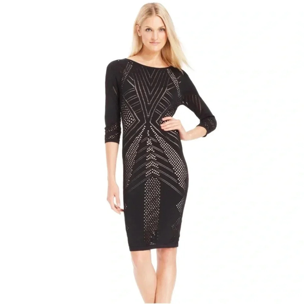 Calvin Klein black laser cut bodycon dress round neck 3/4 sleeves excellent S